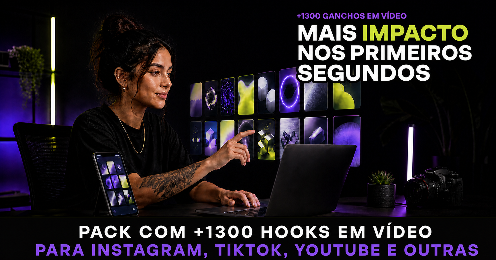 Criadora selecionando hooks para aumentar o impacto dos primeiros segundos de vídeos no Instagram, TikTok e YouTube