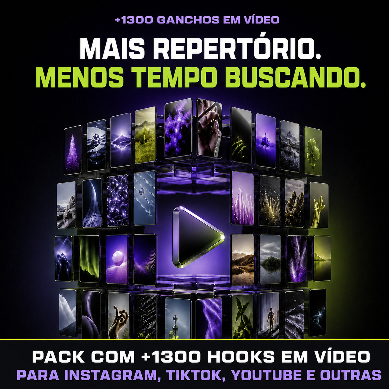 Biblioteca visual do pack com mais de 1300 hooks para editar vídeos no Instagram, TikTok e YouTube