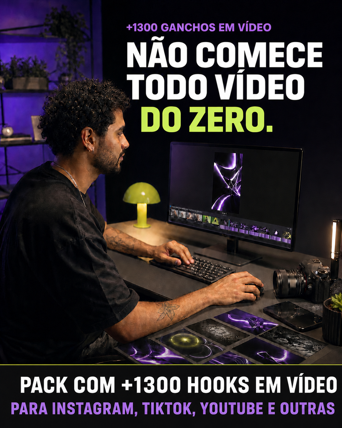 Editor usando um pack de hooks nos primeiros segundos de conteúdos para Instagram, TikTok e YouTube